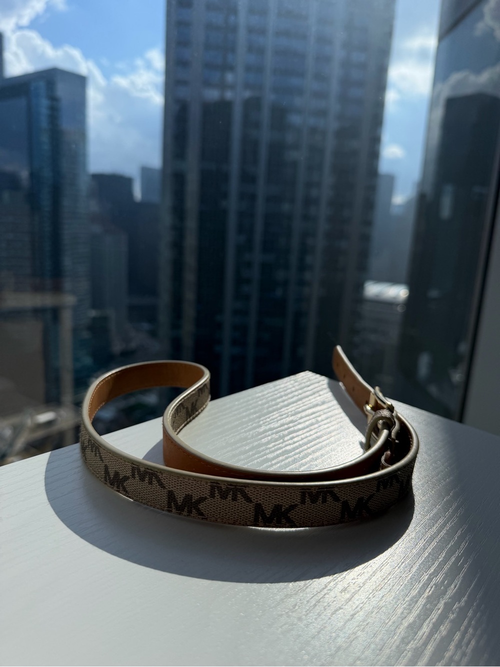 Michael Kors Tan Signature MK Monogram Leather-Trim Strap